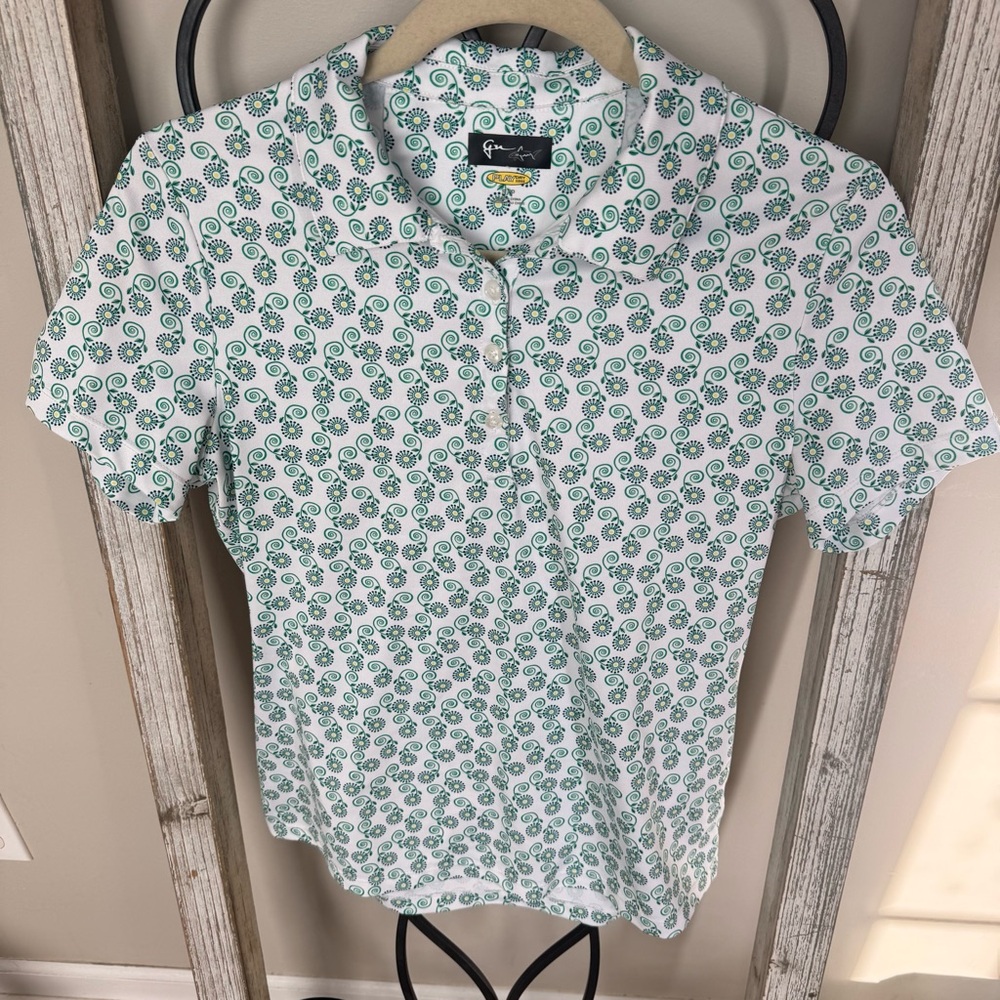 Greg Norman PlayDry Women’s Small Polo Shirt Floral Print Golf Top White Green